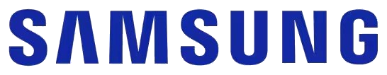 Samsung wordmark in bold blue letters on a white background